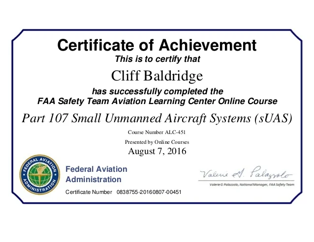 FAA course completion certificate